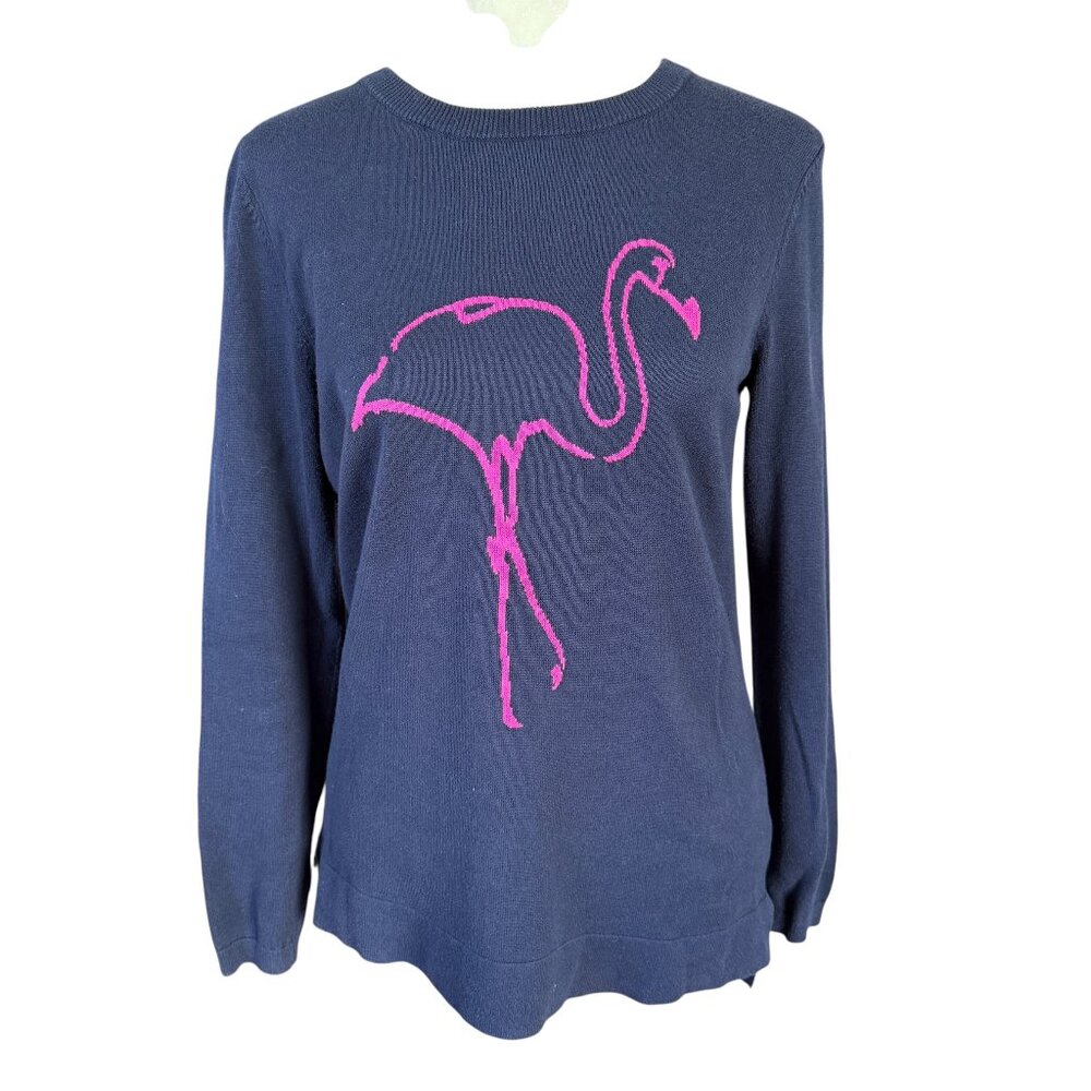 Crown & Ivy navy blue long sleeve crewneck stretchy pullover flamingo top XS